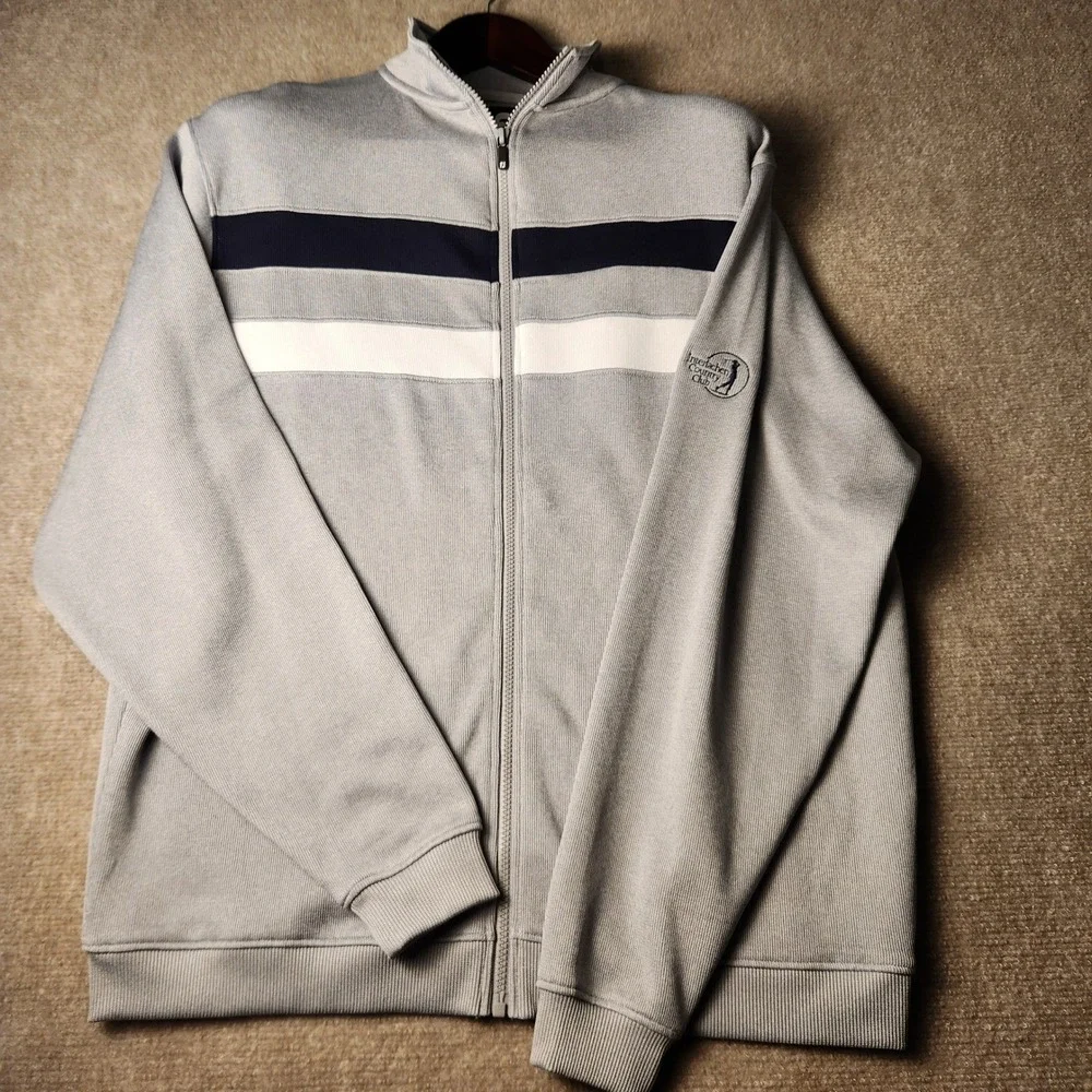 FootJoy Full Zip Sweater Mens L Gray Navy Striped Interlachen Country Club Golf